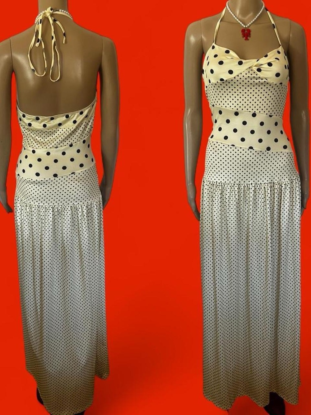 Polka Dot Halter Maxi Dress - Cream with Black Dots - Picture 1 of 4